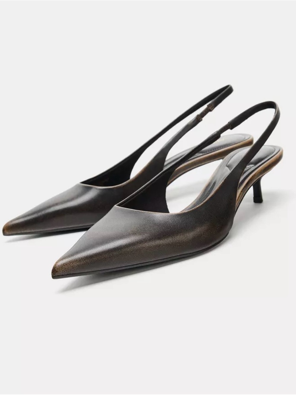 NWT ZARA Pointed Toe Slingback Kitten Heel in Brown